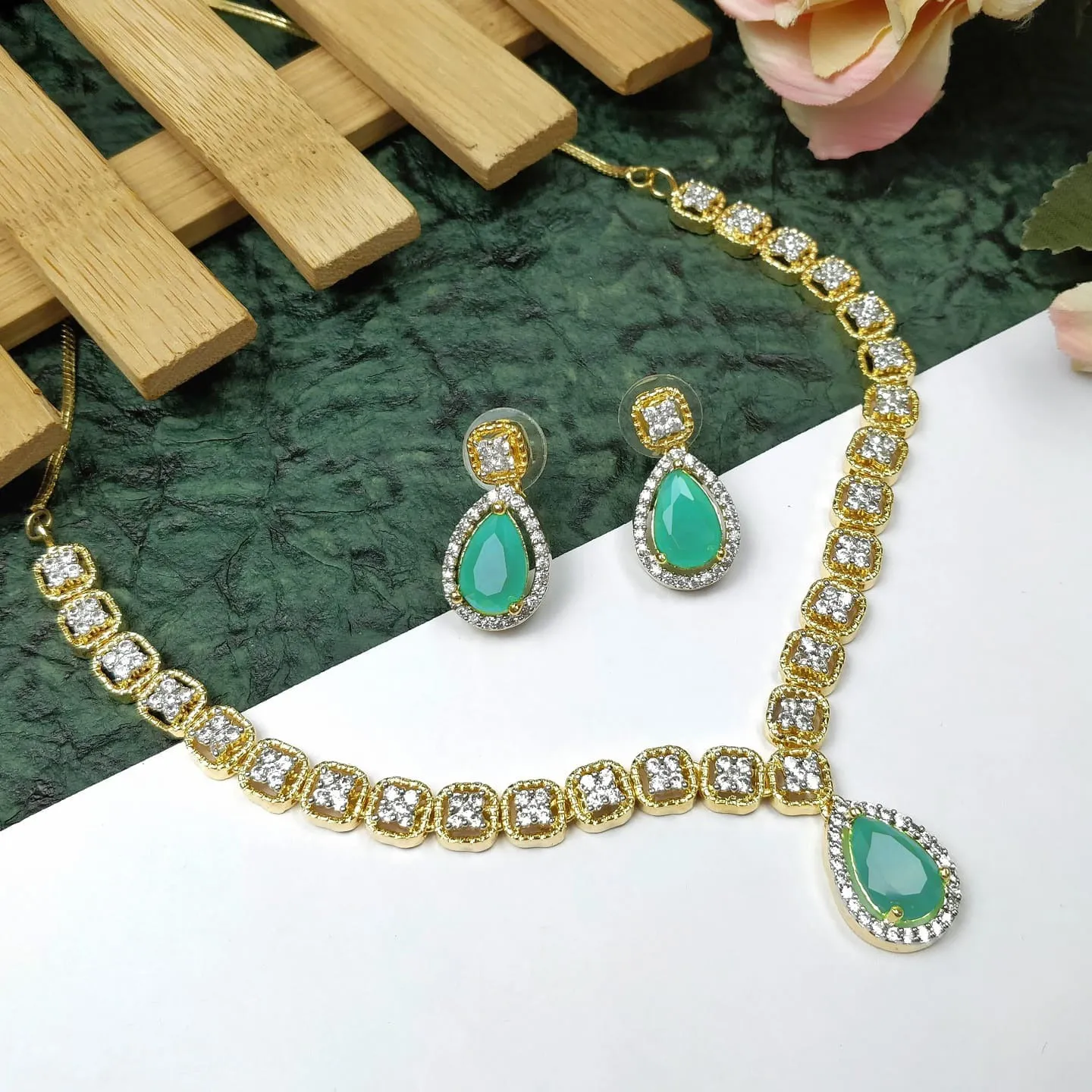 Designer American Diamond With Studs Necklace Set (D918)