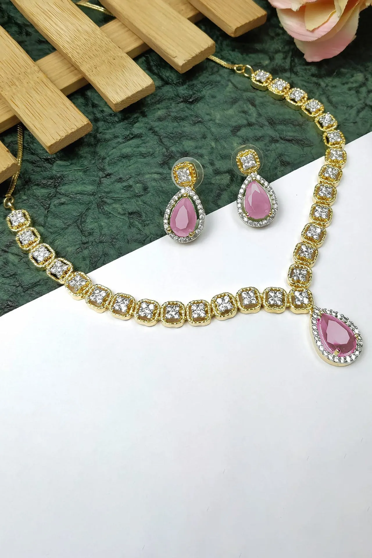 Designer American Diamond With Studs Necklace Set (D918)
