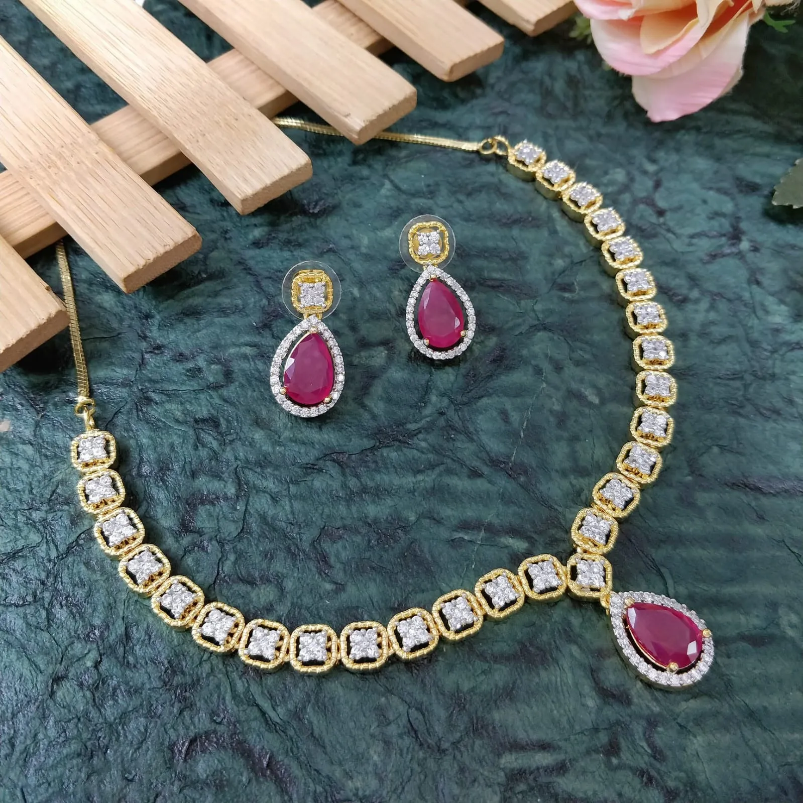 Designer American Diamond With Studs Necklace Set (D918)