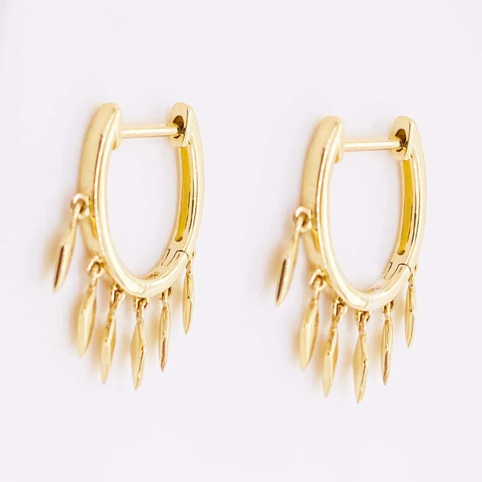 Drop Huggie Earrings, 14 Karat Yellow Gold Hoop Spike Drops, Huggie Earrings