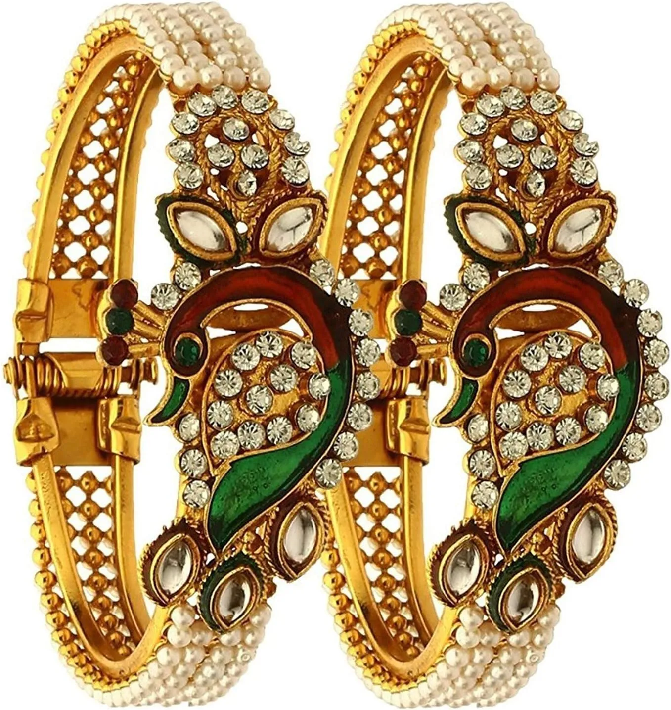 Efulgenz Rakshabandhan Indian Bangles for Women Women's Bangle Bracelets Fashion Jewelry Indian Bollywood Faux Pearl Kundan Rhinestone Peacock Hinge Open able Cuff Bracelet Bangle