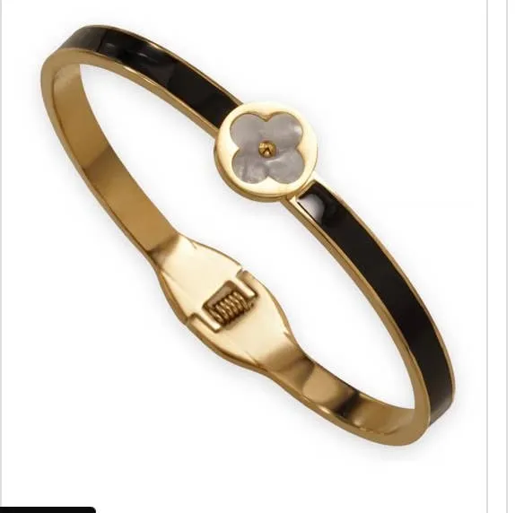 Enamel Inlay Clover Station Bangle Bracelet