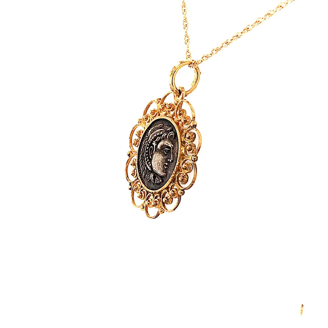 Estate Yellow Gold Alexander the Great Coin Pendant & Chain
