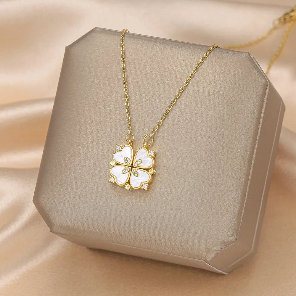 Fashion white mother-of-pearl folding four-leaf clover necklace
