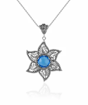 Filigree Art Blue Quartz Gemstone Star Design Women Silver Pendant Necklace