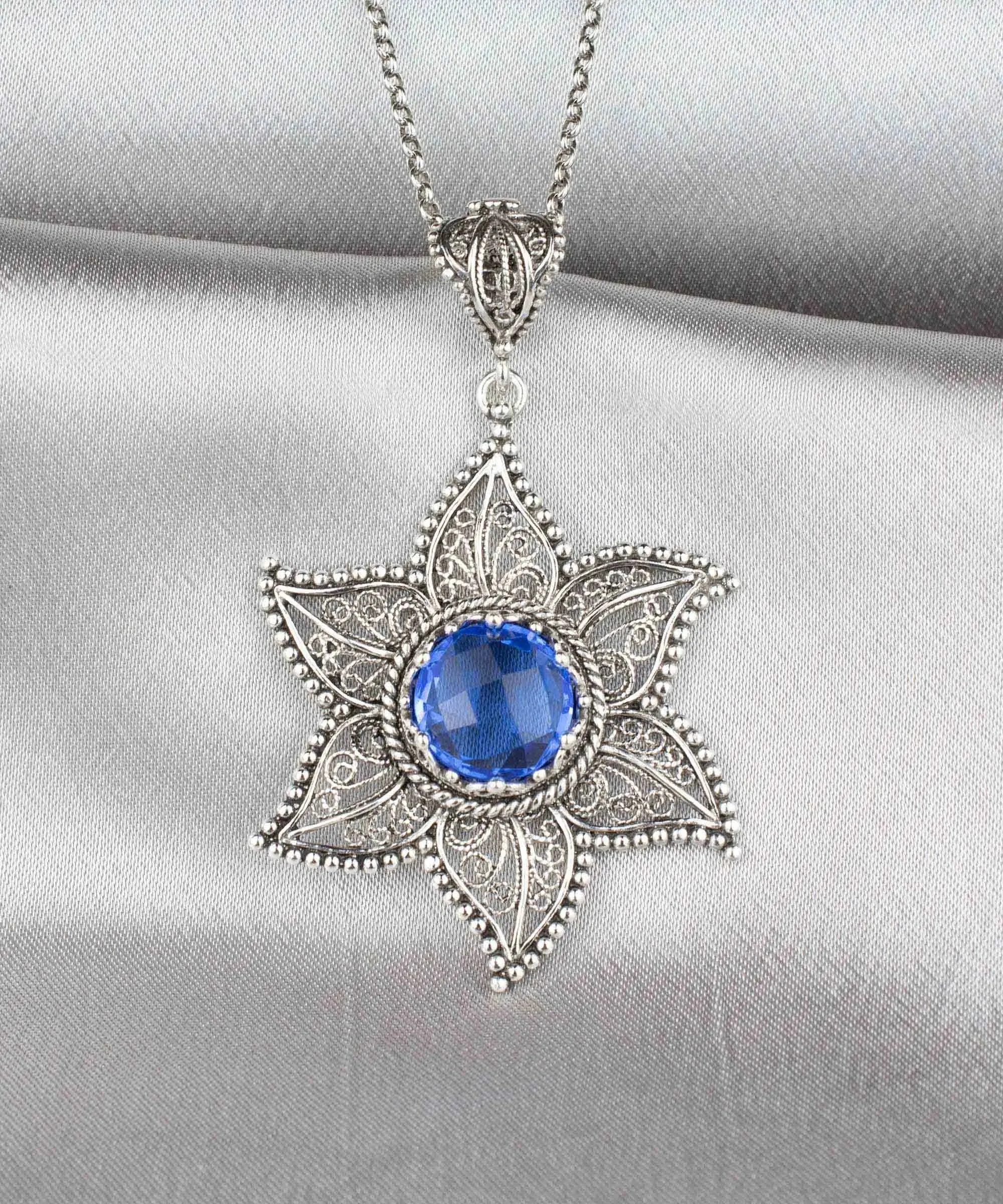 Filigree Art Blue Quartz Gemstone Star Design Women Silver Pendant Necklace