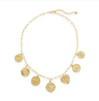 Gold Charm Necklace on Paperclip Chain- love, travel, protection