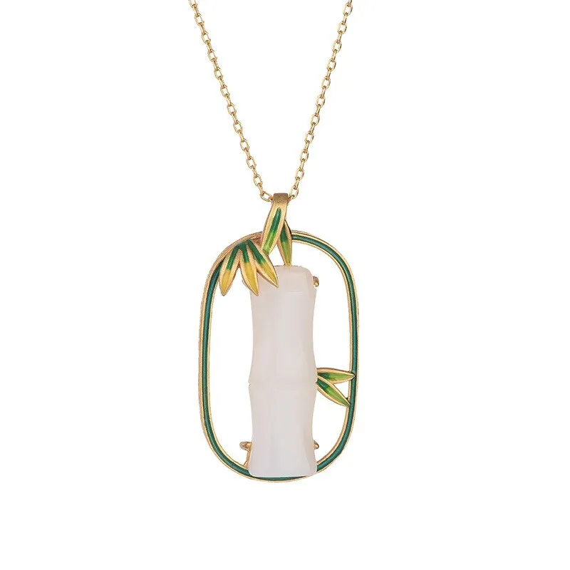 Gold Craft enamel bamboo leaf natural Hotan Jade necklace pendant