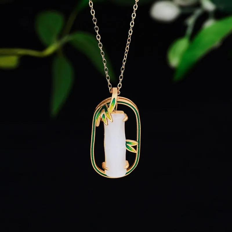 Gold Craft enamel bamboo leaf natural Hotan Jade necklace pendant
