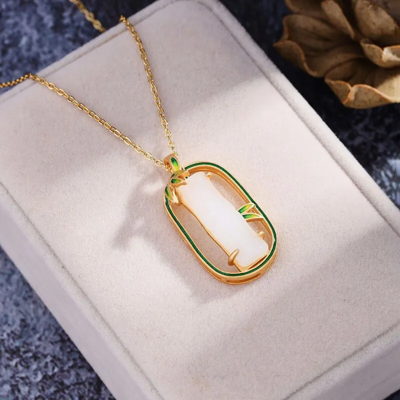 Gold Craft enamel bamboo leaf natural Hotan Jade necklace pendant