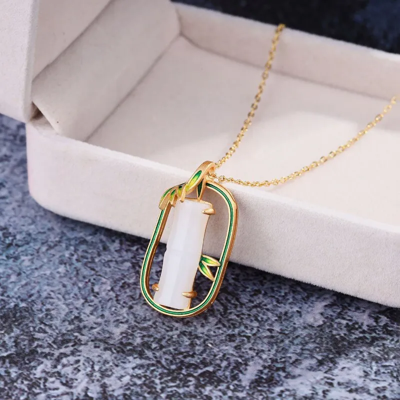 Gold Craft enamel bamboo leaf natural Hotan Jade necklace pendant