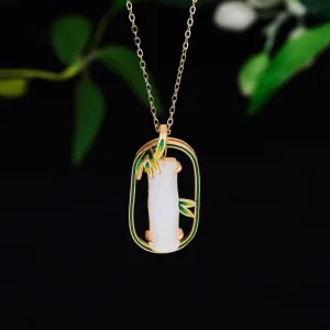 Gold Craft enamel bamboo leaf natural Hotan Jade necklace pendant