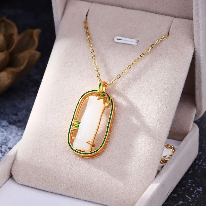 Gold Craft enamel bamboo leaf natural Hotan Jade necklace pendant