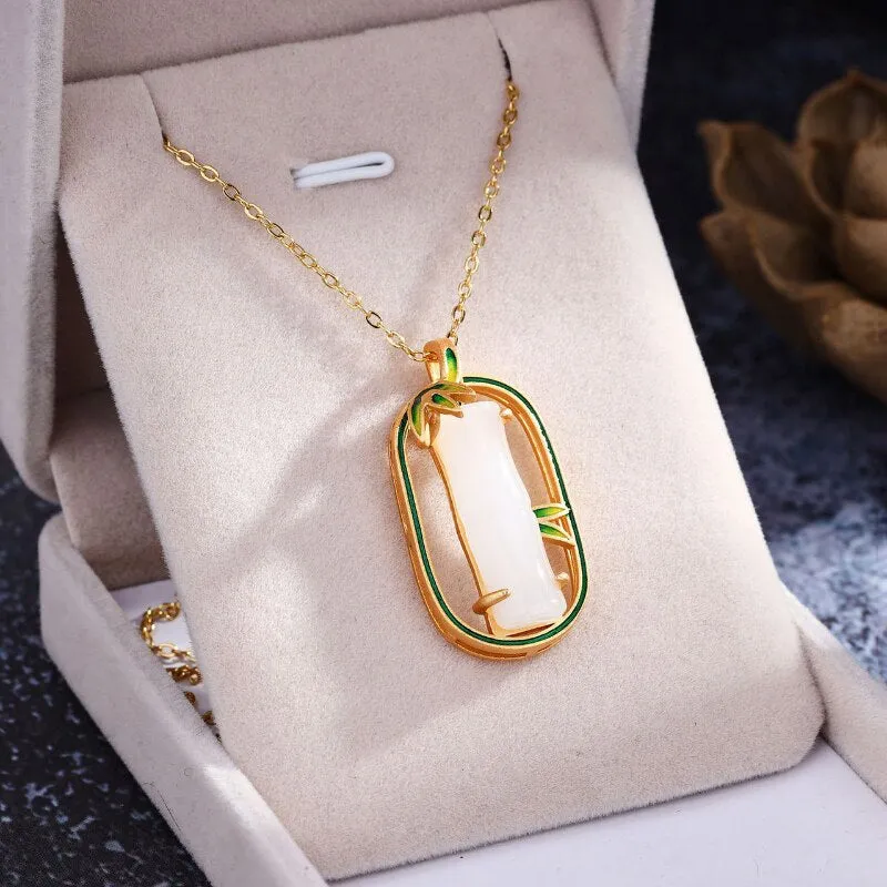 Gold Craft enamel bamboo leaf natural Hotan Jade necklace pendant