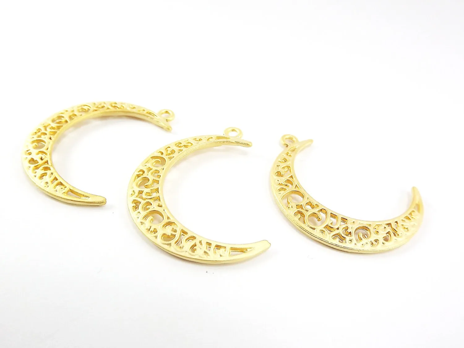 Gold Crescent Pendants, Filigree Pendants, Gold Filigree, Gold Moon Pendants, Filigree Moon Charms, Boho Charms, 22k Matte Gold Plated