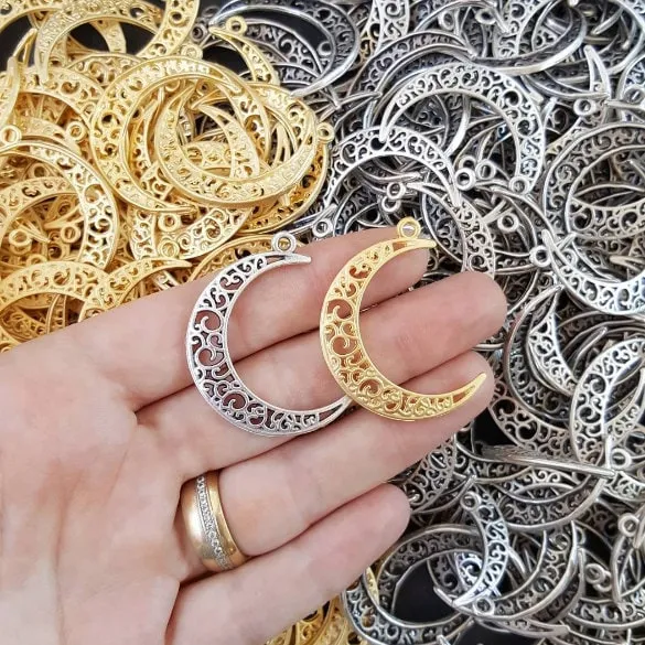 Gold Crescent Pendants, Filigree Pendants, Gold Filigree, Gold Moon Pendants, Filigree Moon Charms, Boho Charms, 22k Matte Gold Plated