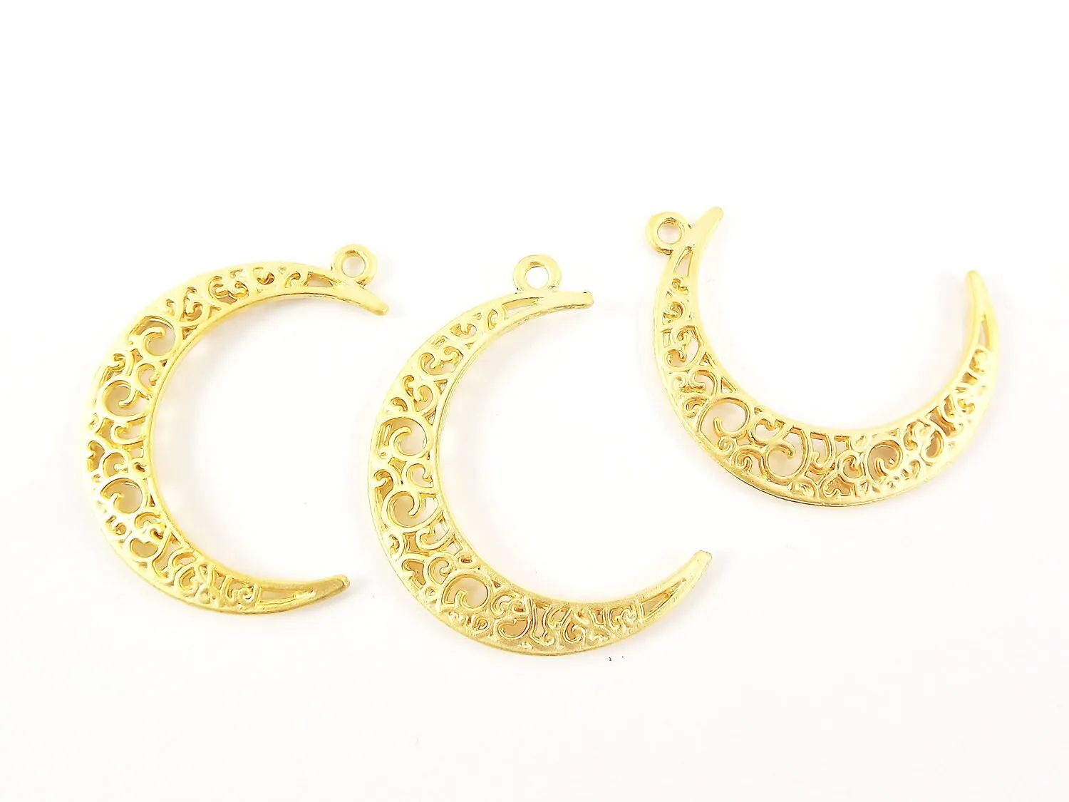 Gold Crescent Pendants, Filigree Pendants, Gold Filigree, Gold Moon Pendants, Filigree Moon Charms, Boho Charms, 22k Matte Gold Plated