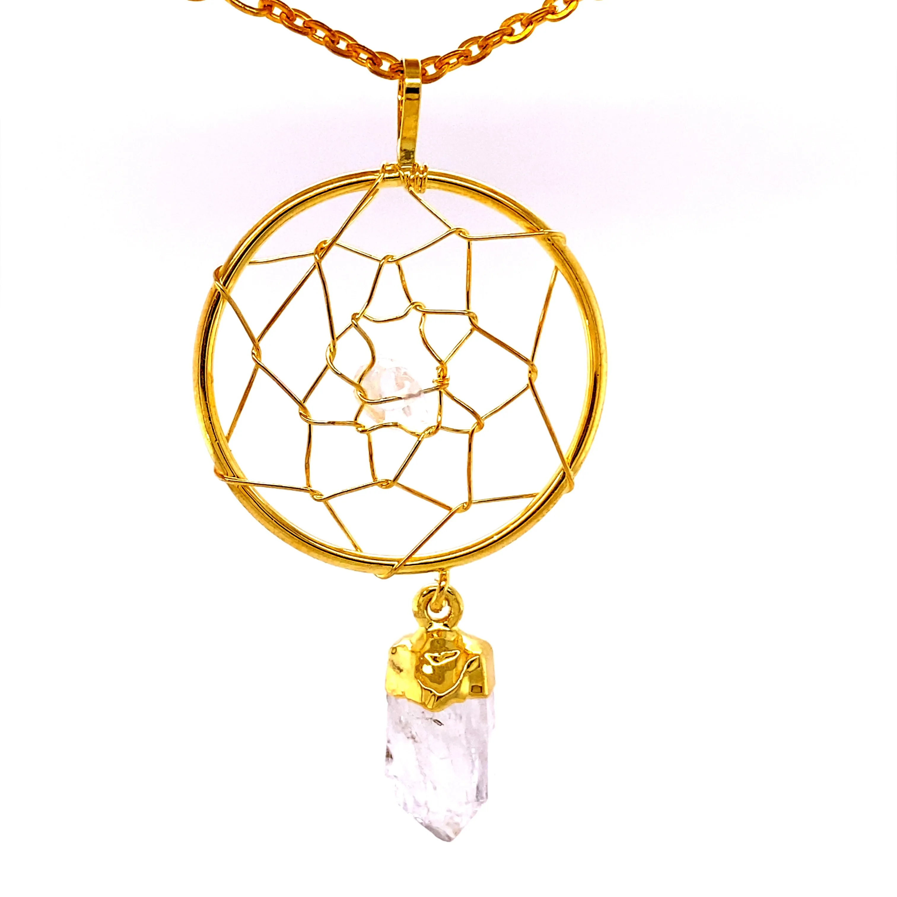 Gold Dreamcatcher Pendant with Gemstone Point
