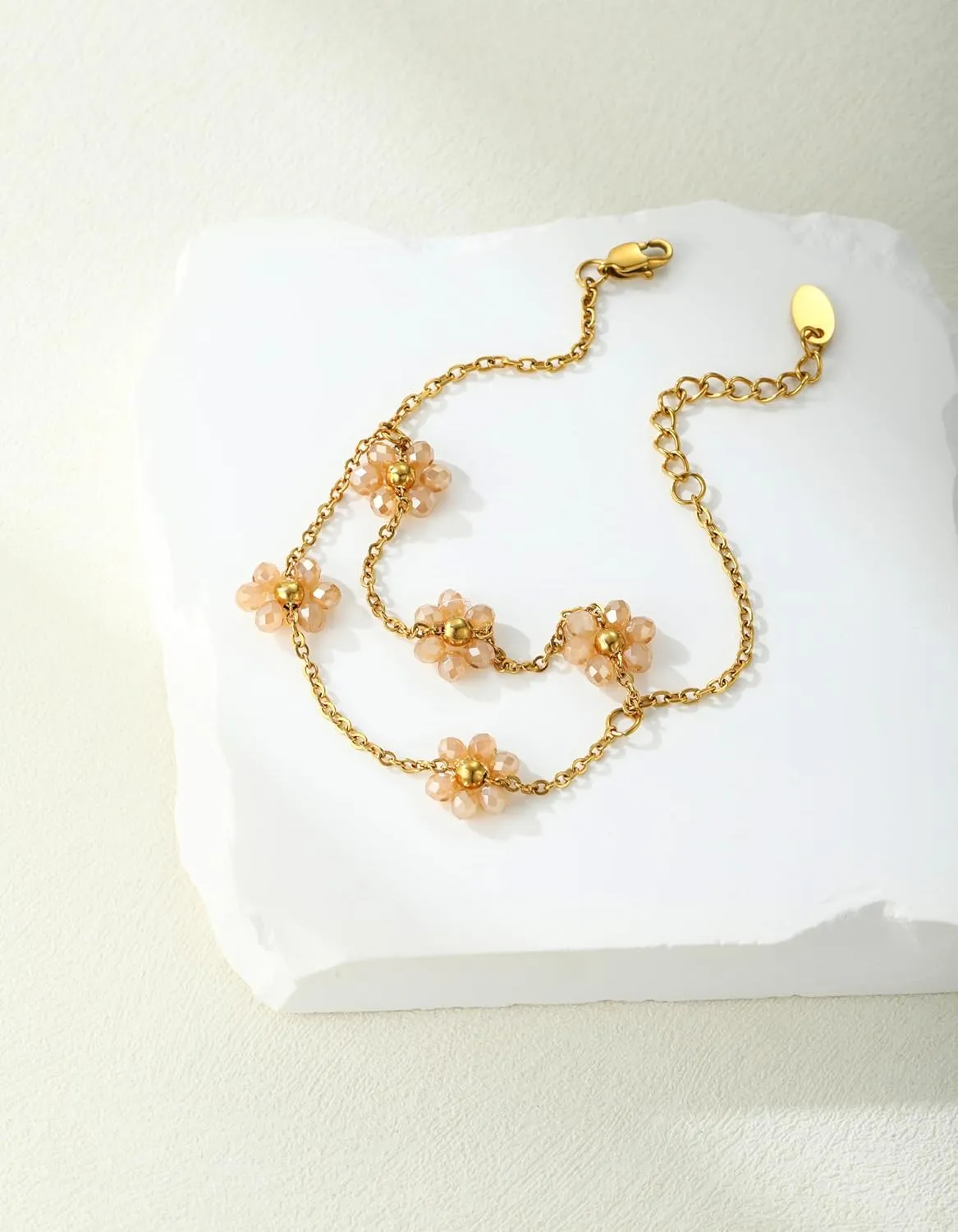 Gold Layered Bracelet, Non Tarnish, Adjustable, with Crystal Flower for Women