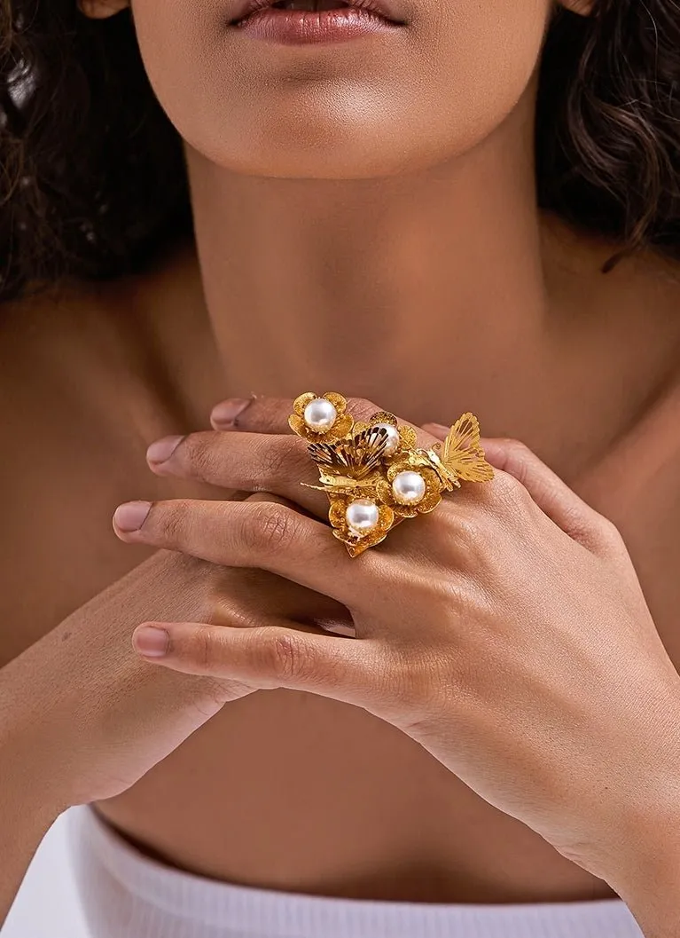 Gold Plated Floral Pearl Bee Ring