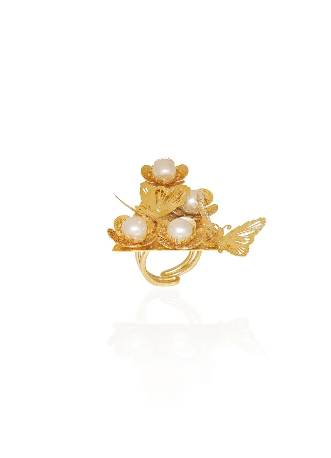 Gold Plated Floral Pearl Bee Ring