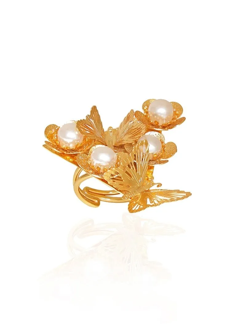 Gold Plated Floral Pearl Bee Ring