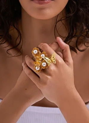 Gold Plated Floral Pearl Bee Ring