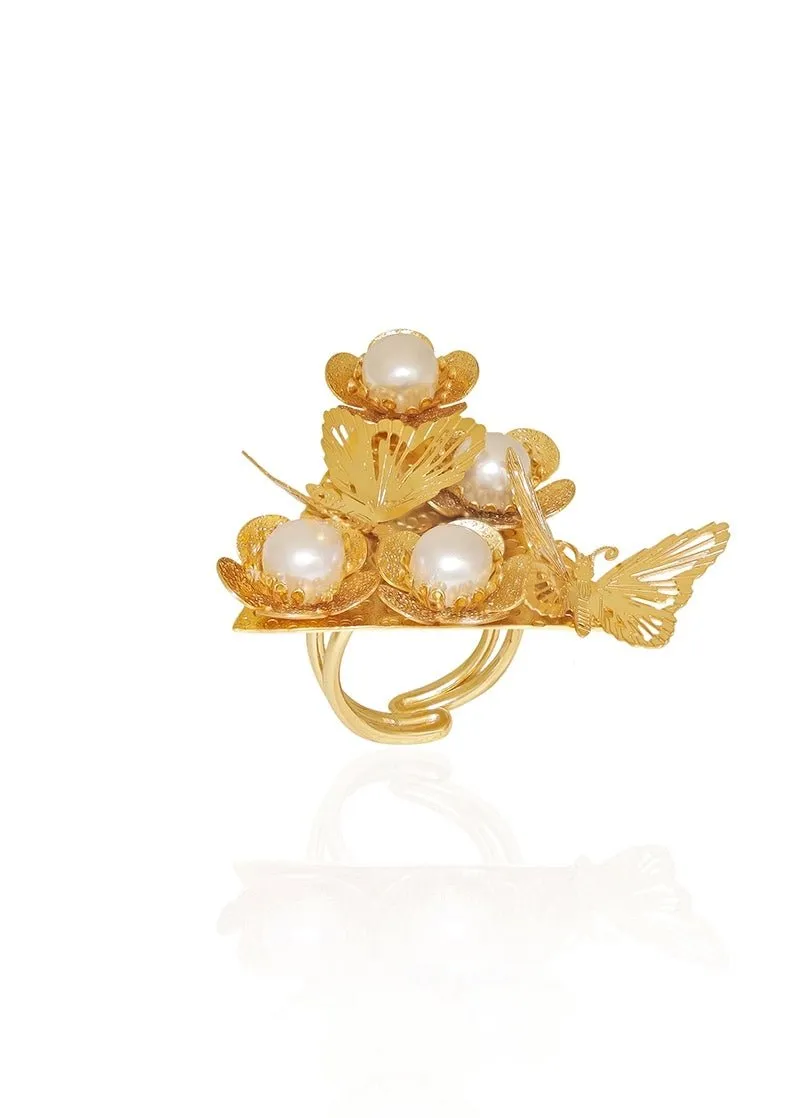Gold Plated Floral Pearl Bee Ring