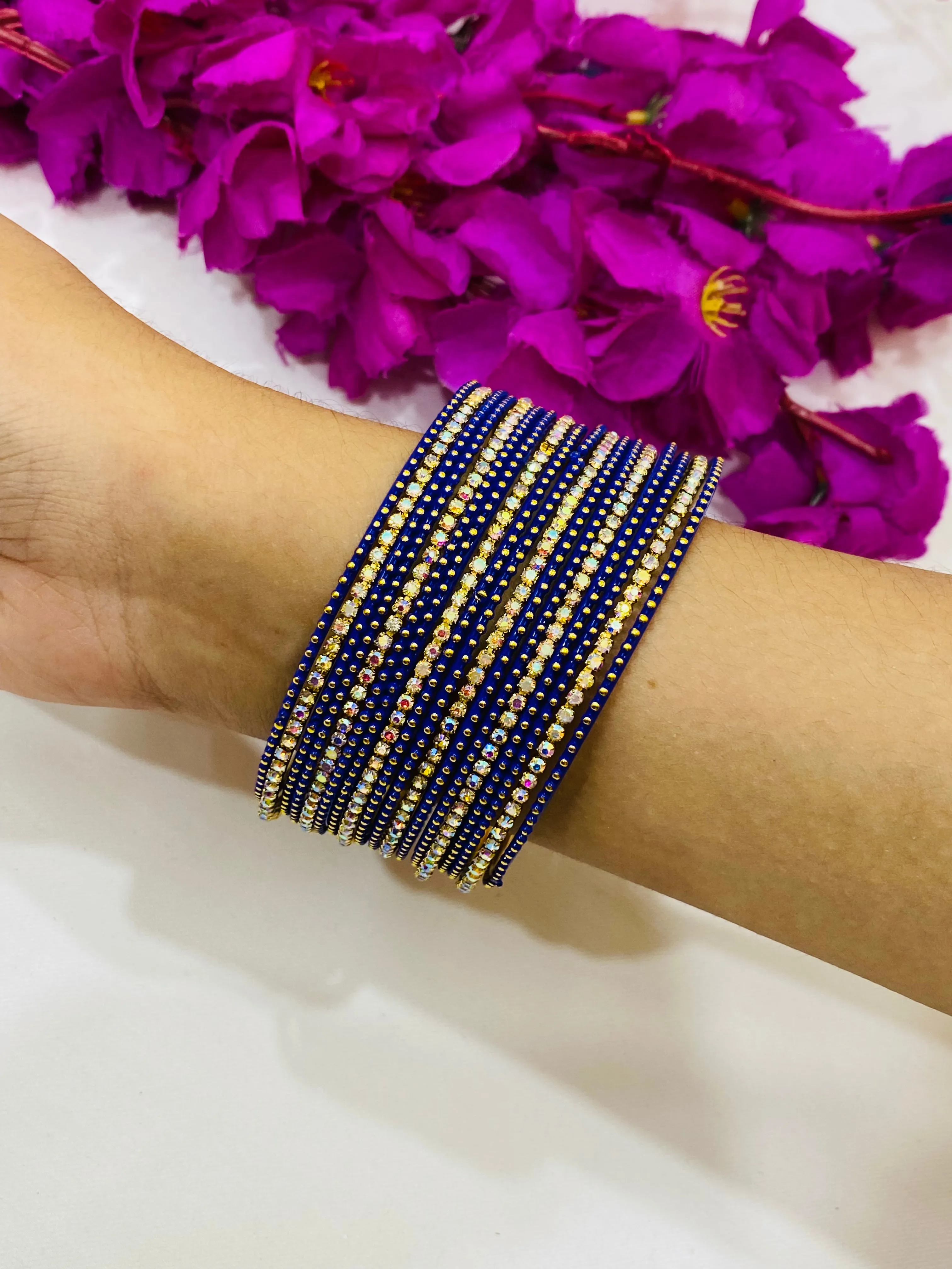 Graceful Blue Colored Metal Bangles With Stones For Women