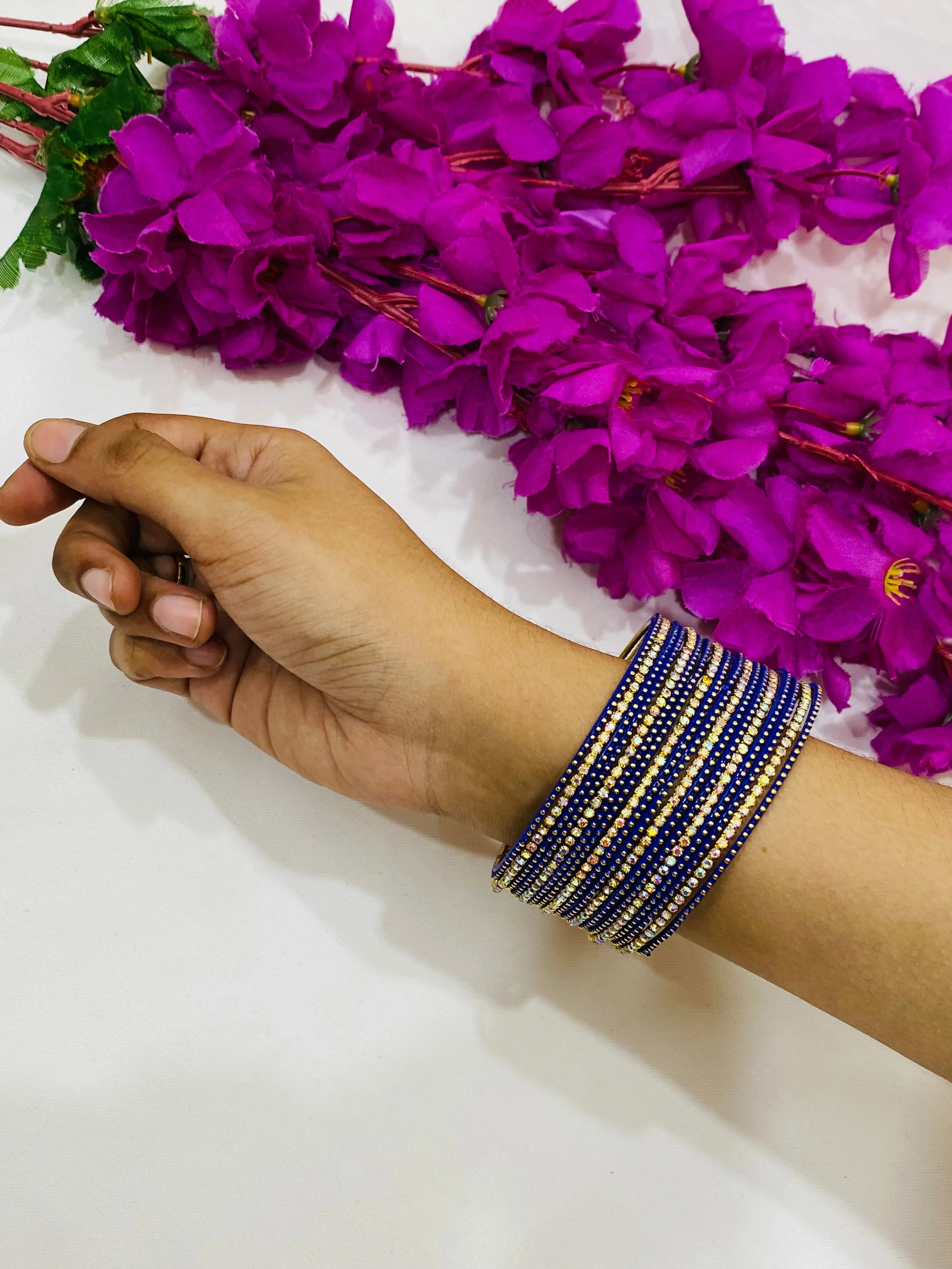 Graceful Blue Colored Metal Bangles With Stones For Women