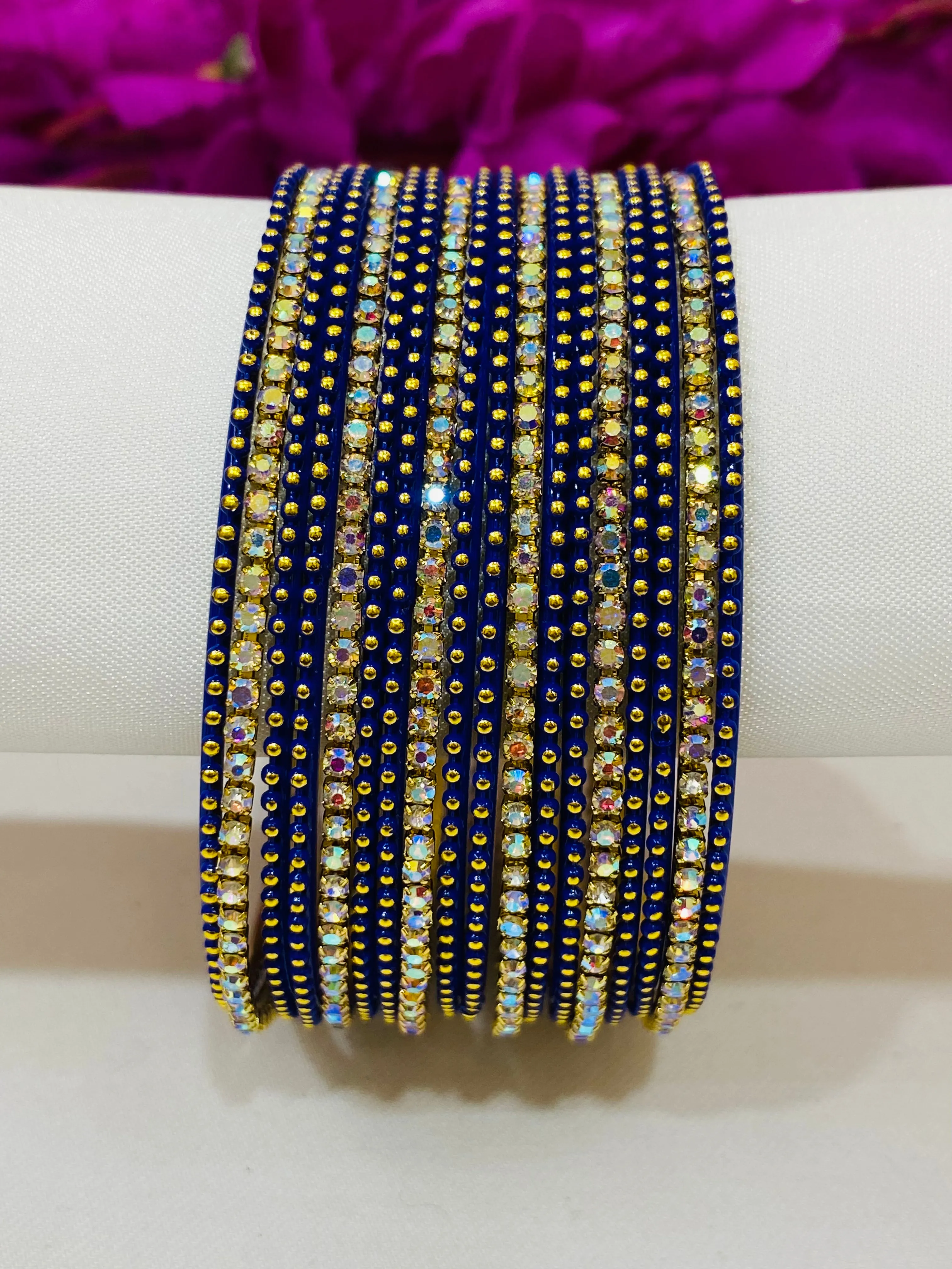 Graceful Blue Colored Metal Bangles With Stones For Women