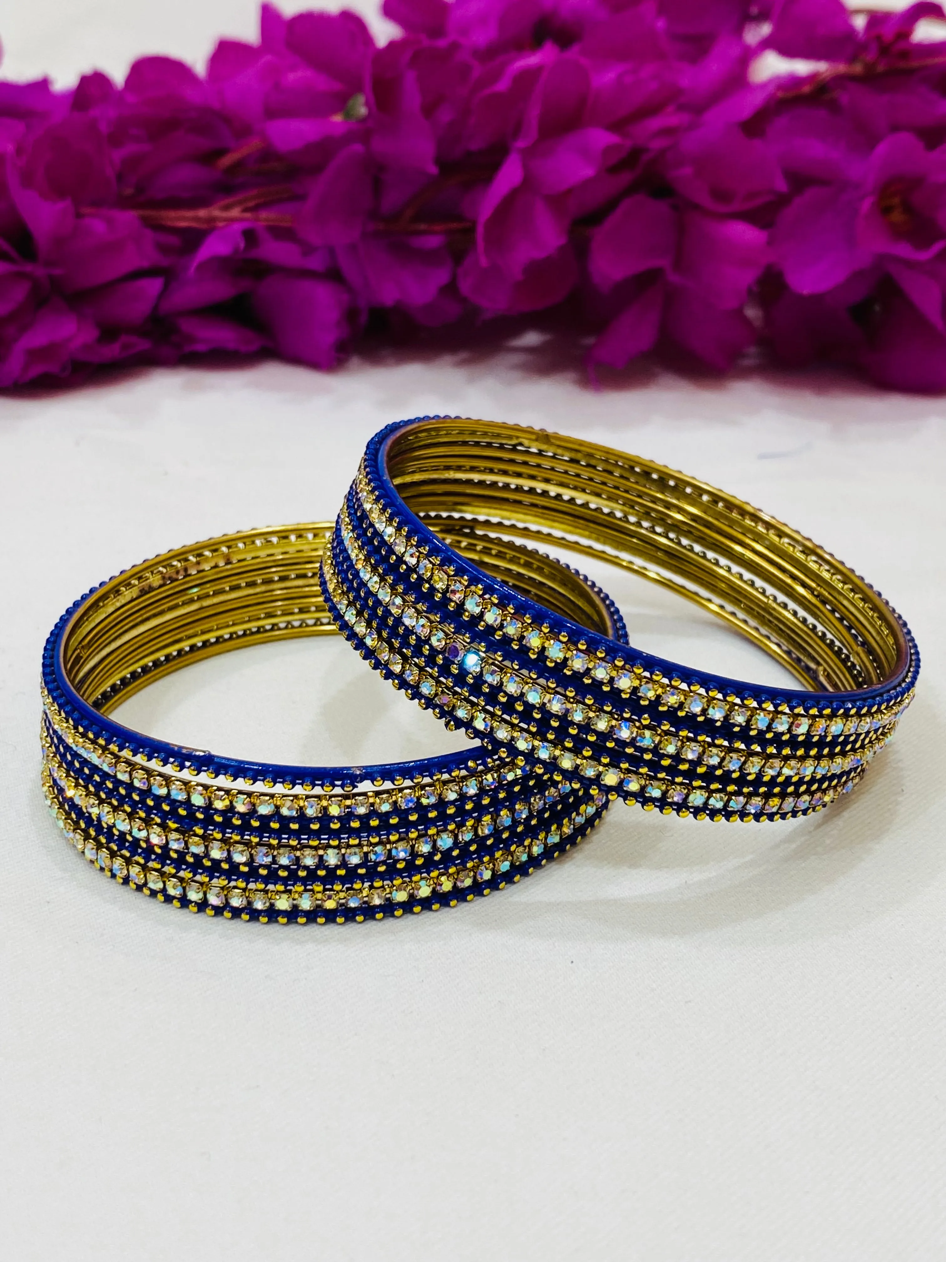 Graceful Blue Colored Metal Bangles With Stones For Women