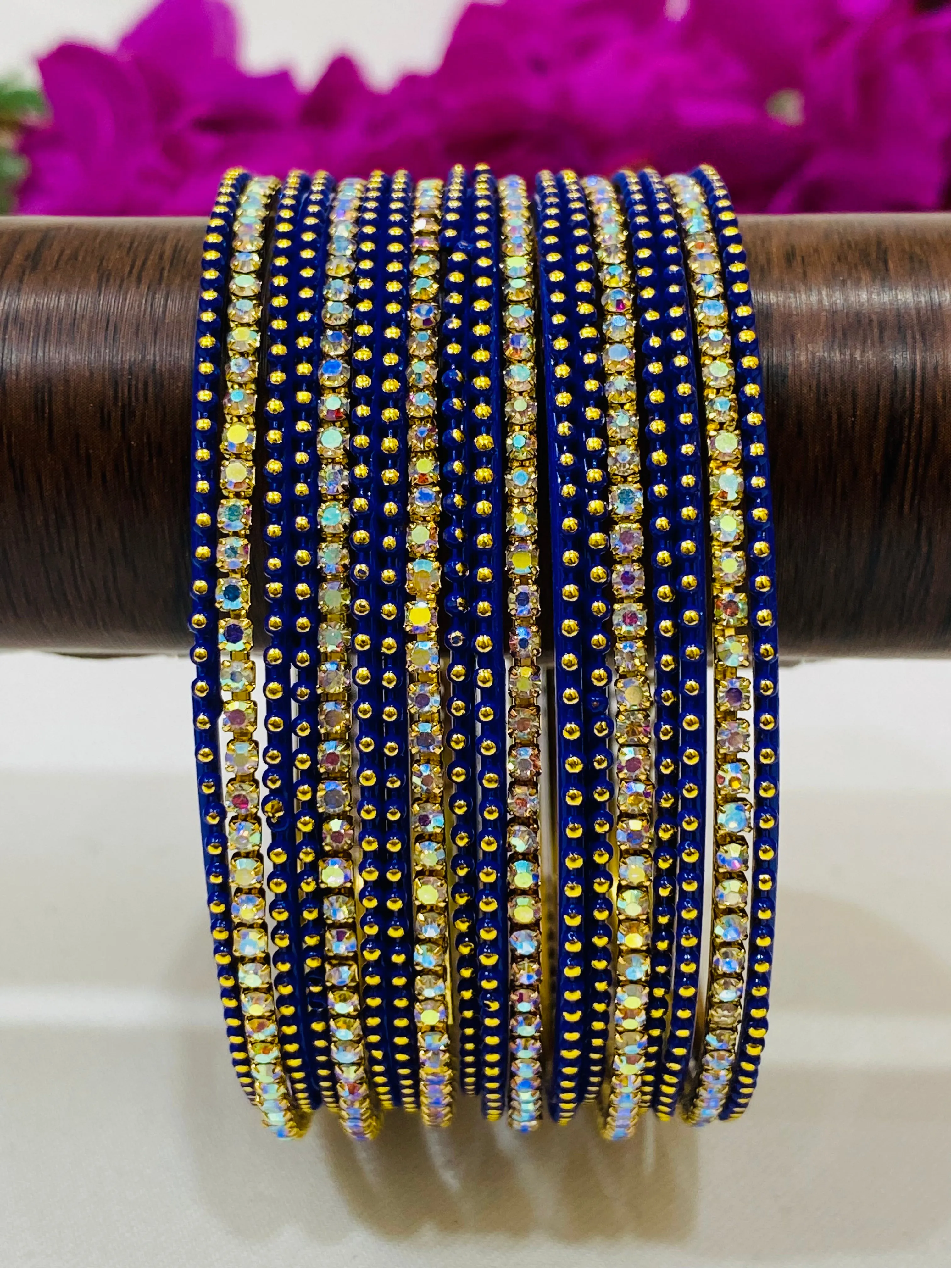 Graceful Blue Colored Metal Bangles With Stones For Women