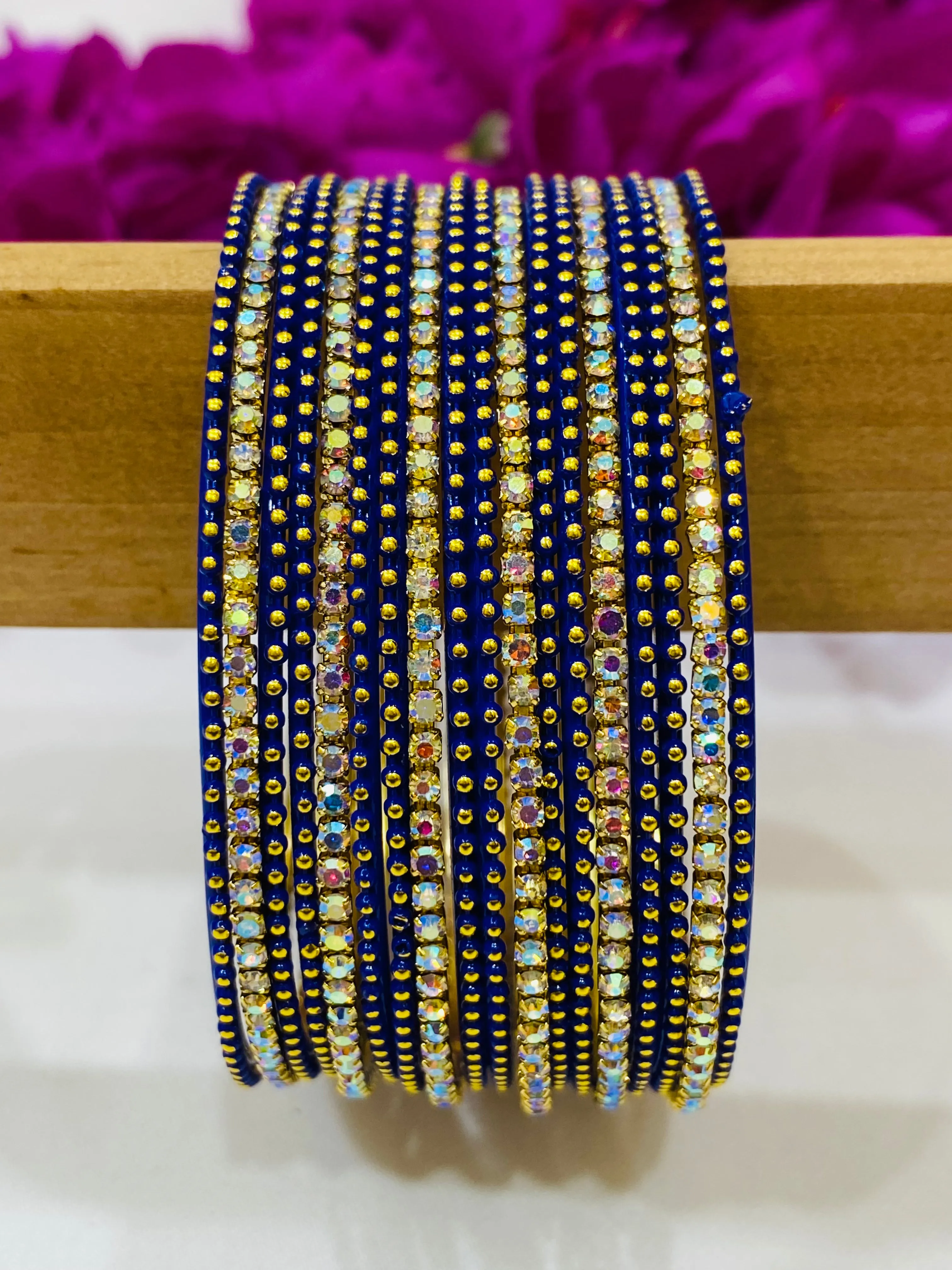 Graceful Blue Colored Metal Bangles With Stones For Women