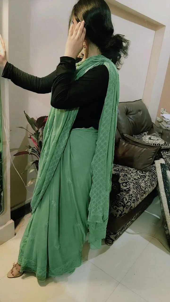 Green Elegant Chikankari Georgette Saree with Black Blouse