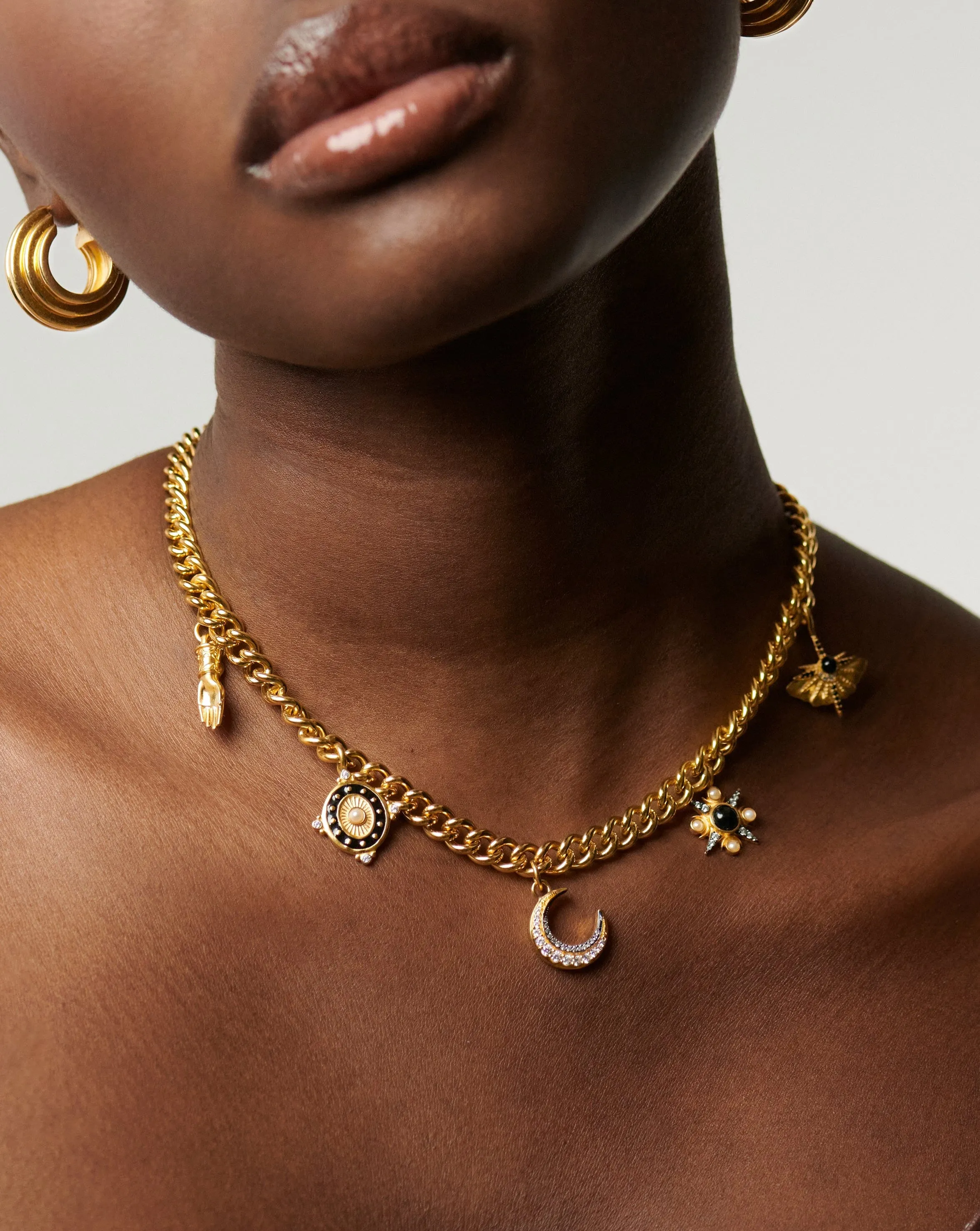 Harris Reed Symbols of Change Charm Choker | 18k Gold Plated/Pearl & Onyx & Rainbow Moonstone