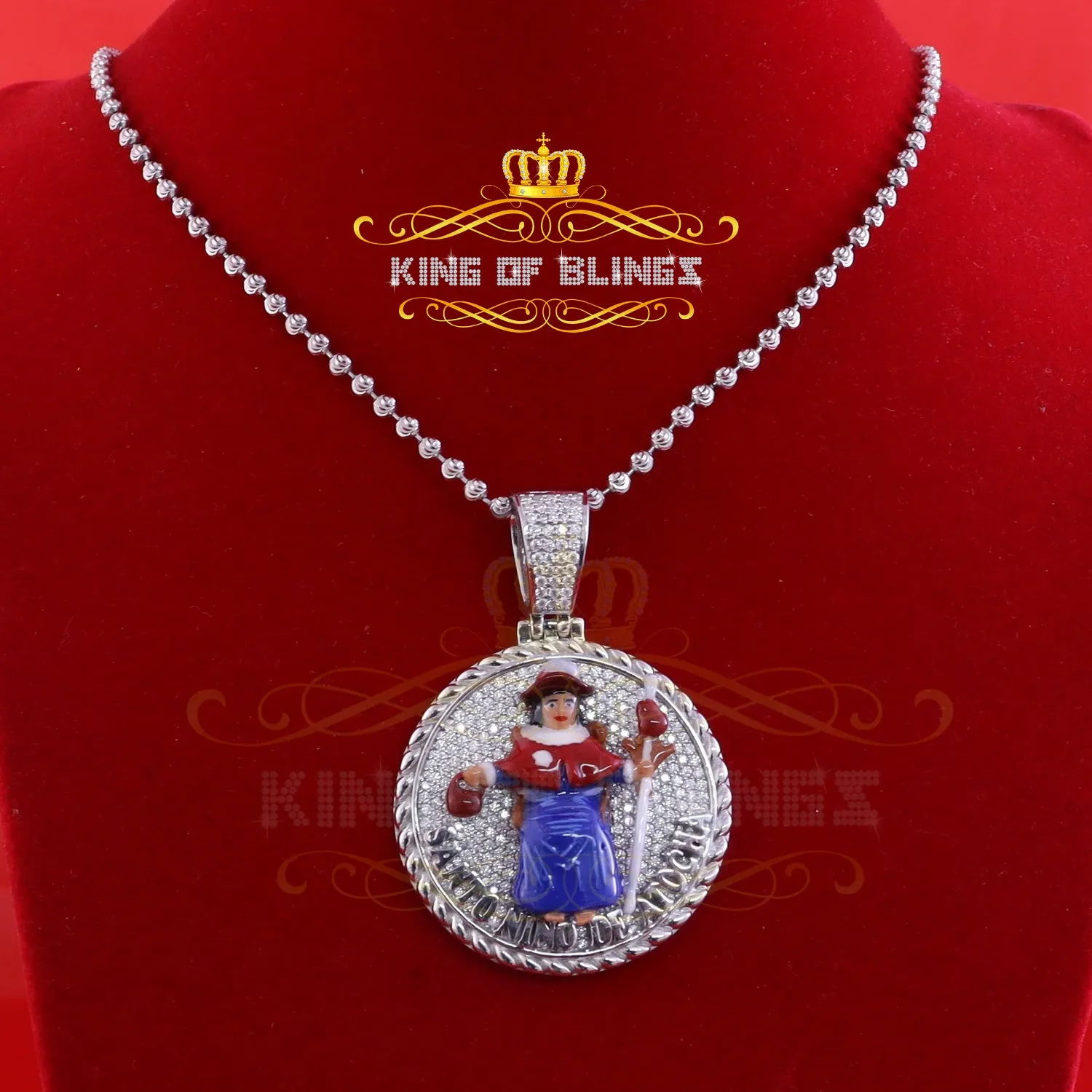 King Of Bling's Sterling Silver White SANTO NINO DEATOCHA Pendant with 3ct Genuine Moissanite