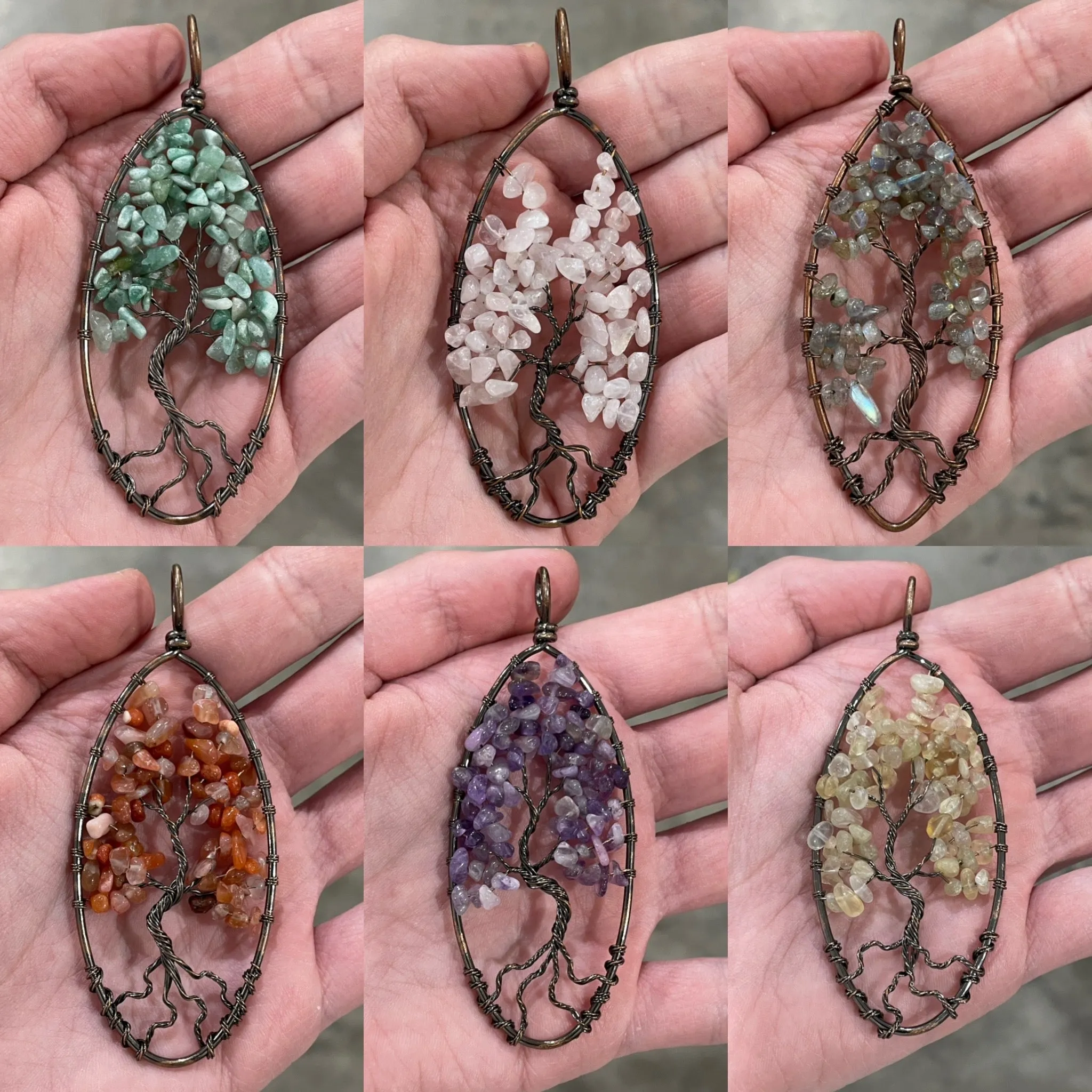 Large Oval Tree of Life Pendant in Bronze – Assorted Stones
