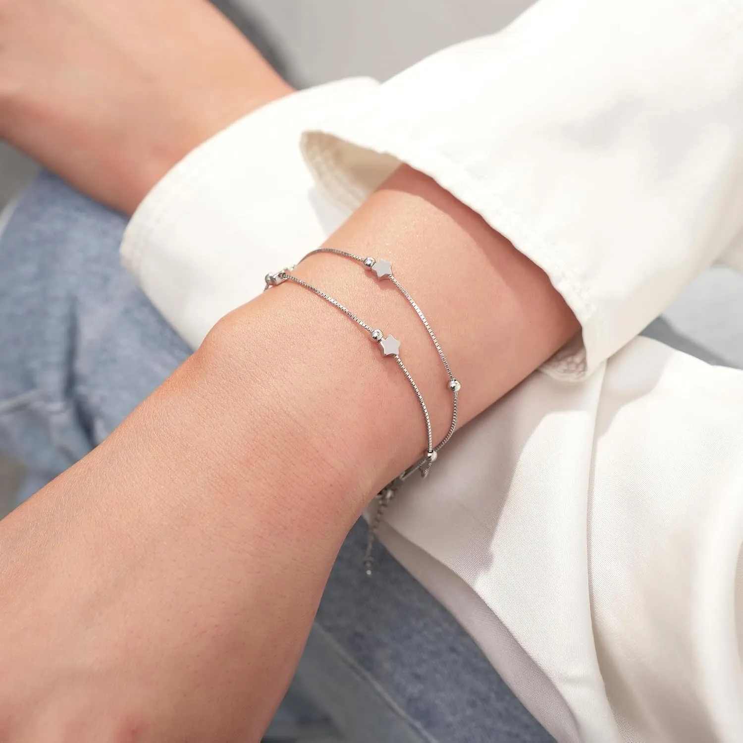 Layered Bracelets 925 Sterling Silver Heart Love Bracelets Star Bracelets for Women Double-Stranded Bracelets Adjustable Bracelets Mother's Day Jewelry Gifts