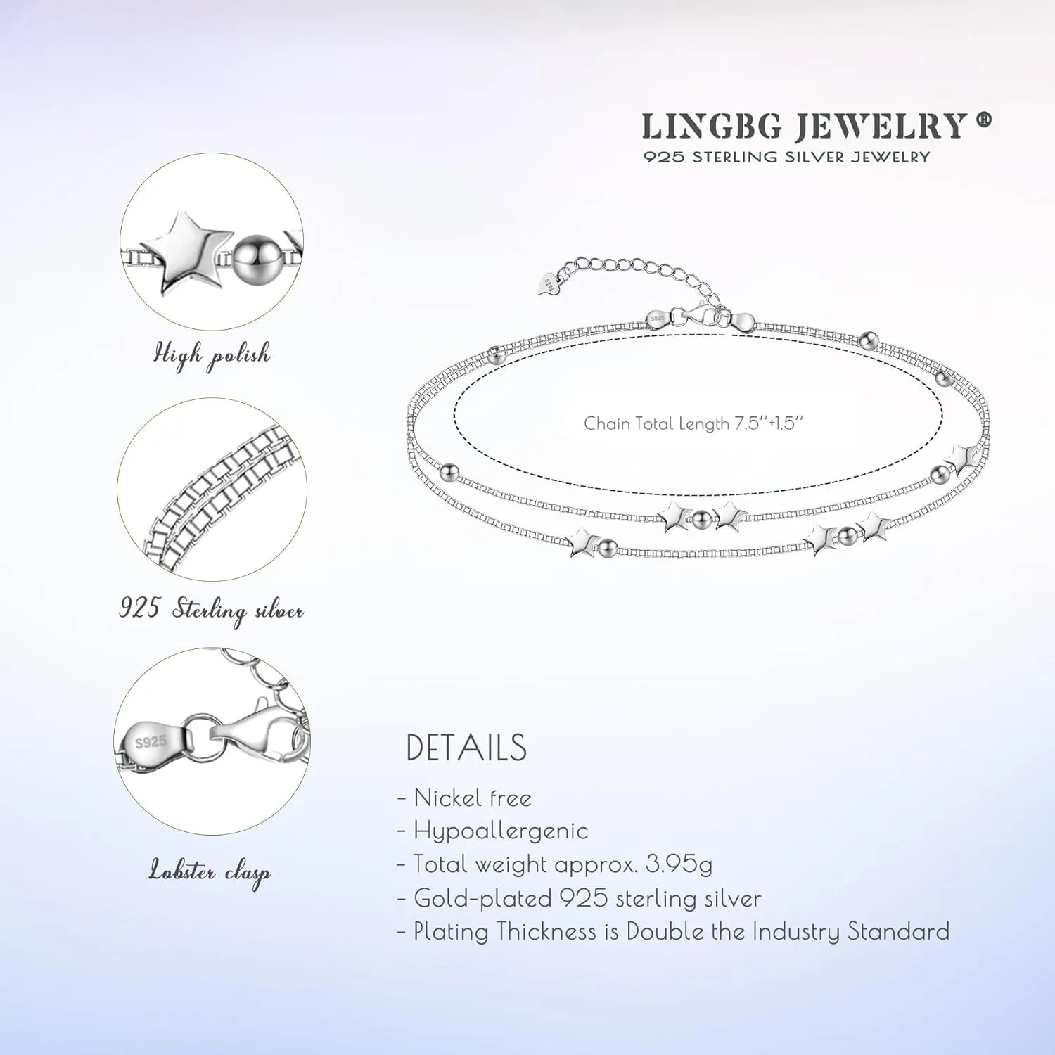Layered Bracelets 925 Sterling Silver Heart Love Bracelets Star Bracelets for Women Double-Stranded Bracelets Adjustable Bracelets Mother's Day Jewelry Gifts