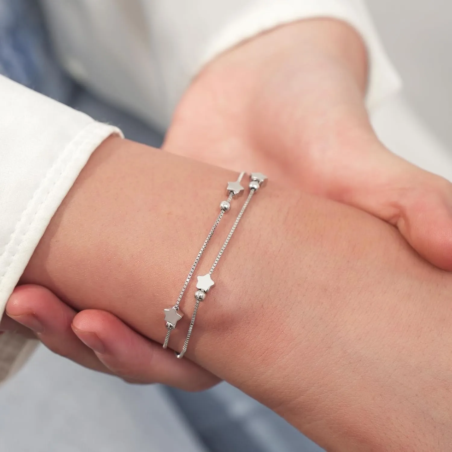 Layered Bracelets 925 Sterling Silver Heart Love Bracelets Star Bracelets for Women Double-Stranded Bracelets Adjustable Bracelets Mother's Day Jewelry Gifts