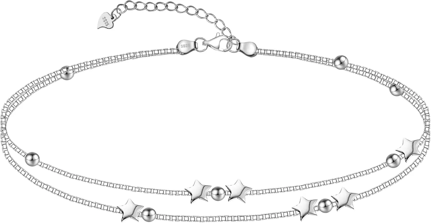 Layered Bracelets 925 Sterling Silver Heart Love Bracelets Star Bracelets for Women Double-Stranded Bracelets Adjustable Bracelets Mother's Day Jewelry Gifts