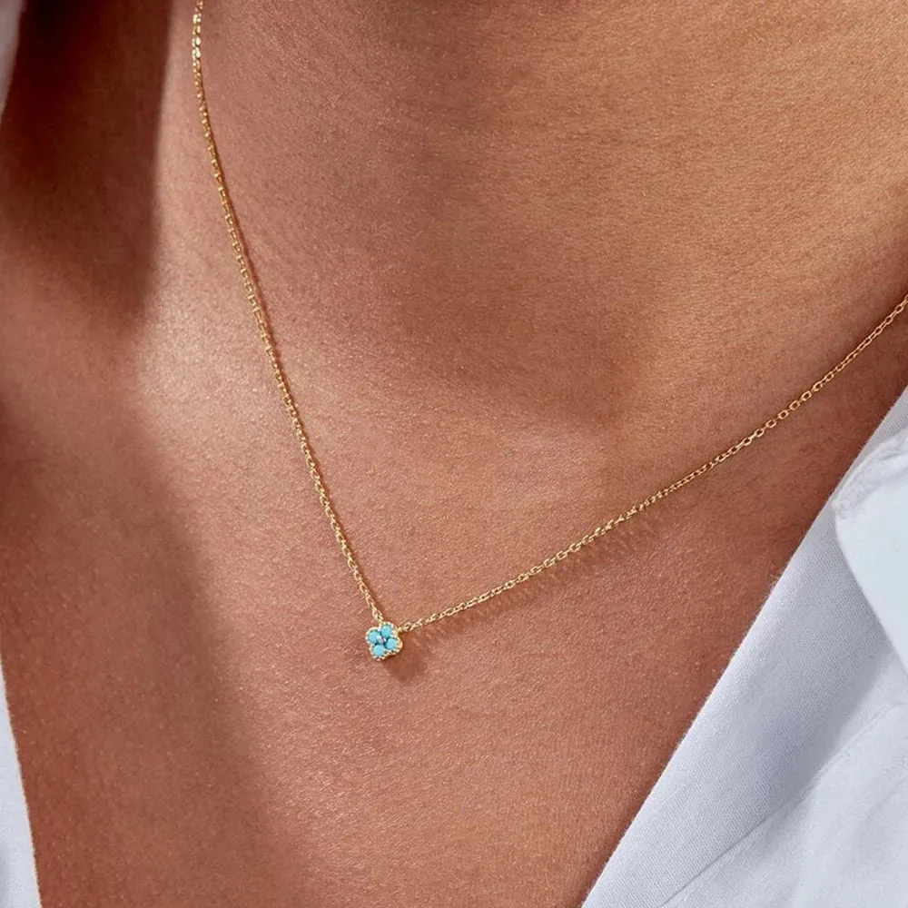 Luxury Dainty 925 Sterling Silver Turquoise Crystals Four Leaf Clover Pendant Necklaces for Women Petal Patter Popular Jewelry