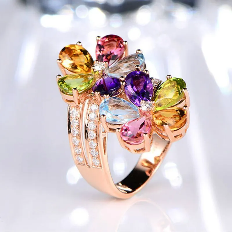 Luxury Jewelry Rose Gold Ring Delicate Multi-color Cubic Zirconia Crystal  Ring