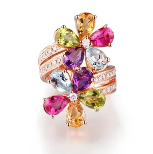 Luxury Jewelry Rose Gold Ring Delicate Multi-color Cubic Zirconia Crystal  Ring