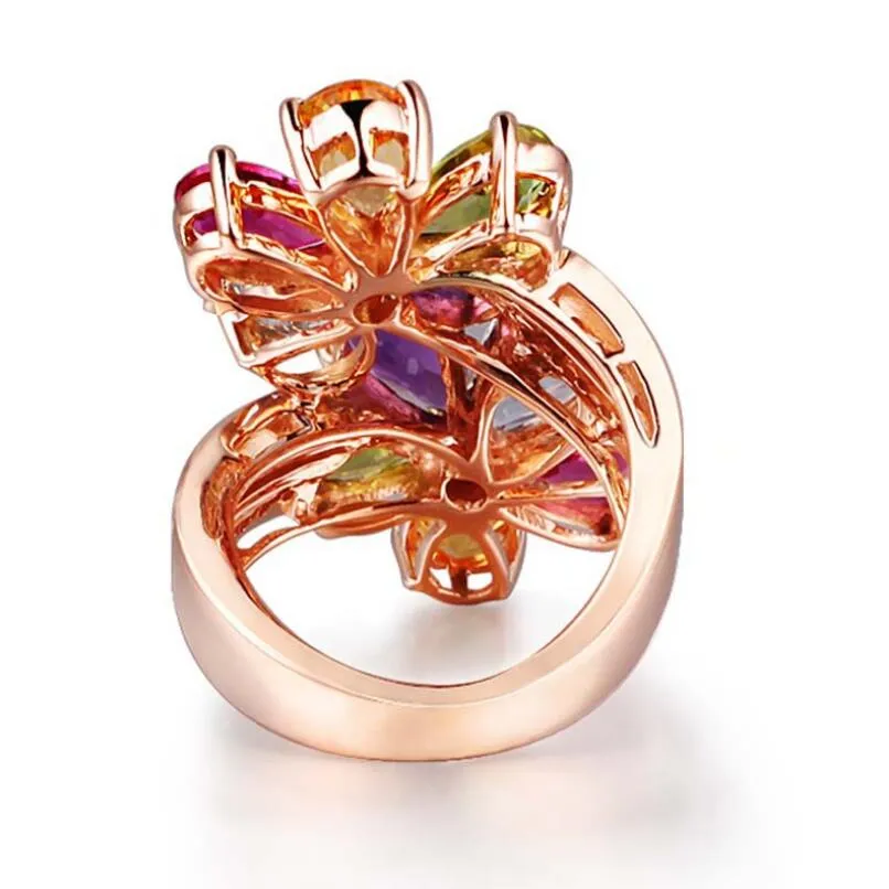 Luxury Jewelry Rose Gold Ring Delicate Multi-color Cubic Zirconia Crystal  Ring