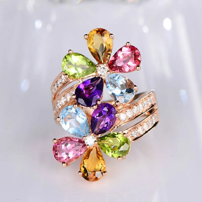 Luxury Jewelry Rose Gold Ring Delicate Multi-color Cubic Zirconia Crystal  Ring