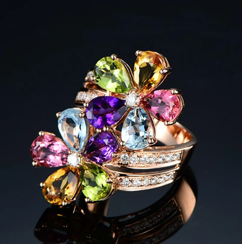 Luxury Jewelry Rose Gold Ring Delicate Multi-color Cubic Zirconia Crystal  Ring