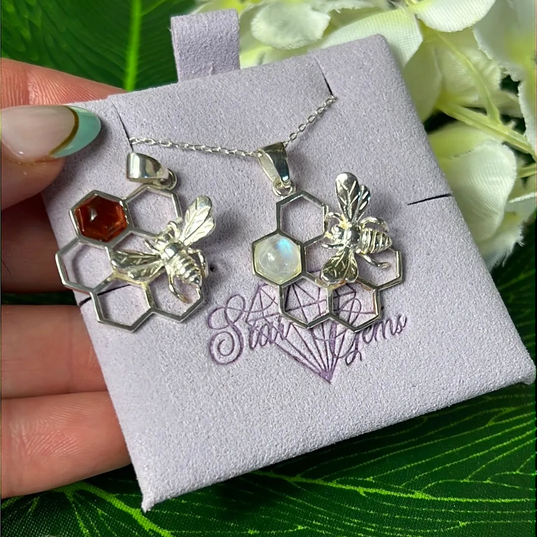 Moonstone Bee Honeycomb 925 Sterling Silver Pendant