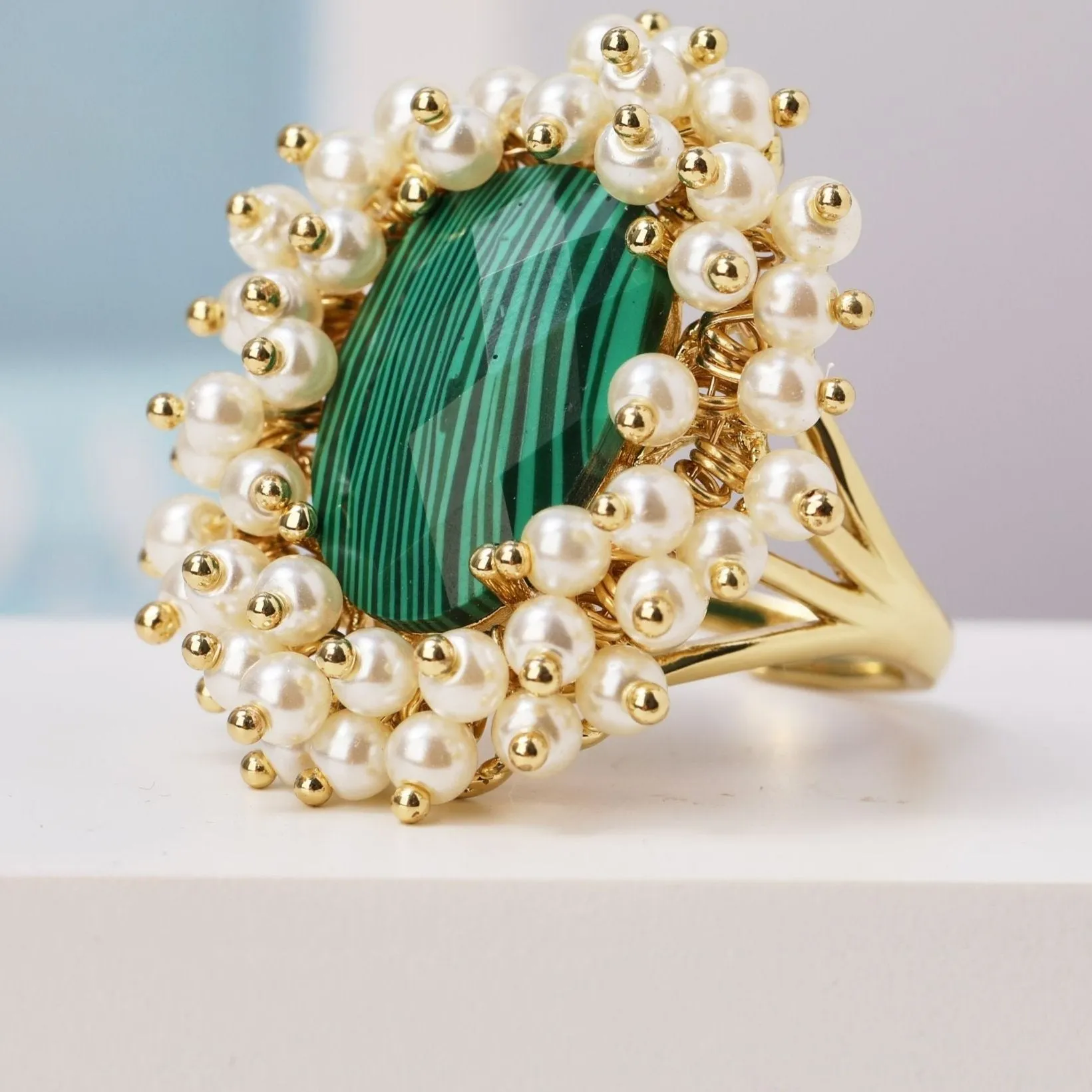 Natural Gemstone & Pearl Oval Ring